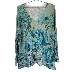 Soft Surroundings Blue Floral V-Neck Lightweight Knit Sweater Top Plus Size 1X